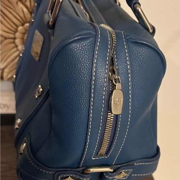 MCM Blue Leather Boston Bag with Silver Accents - Picture 10 of 13